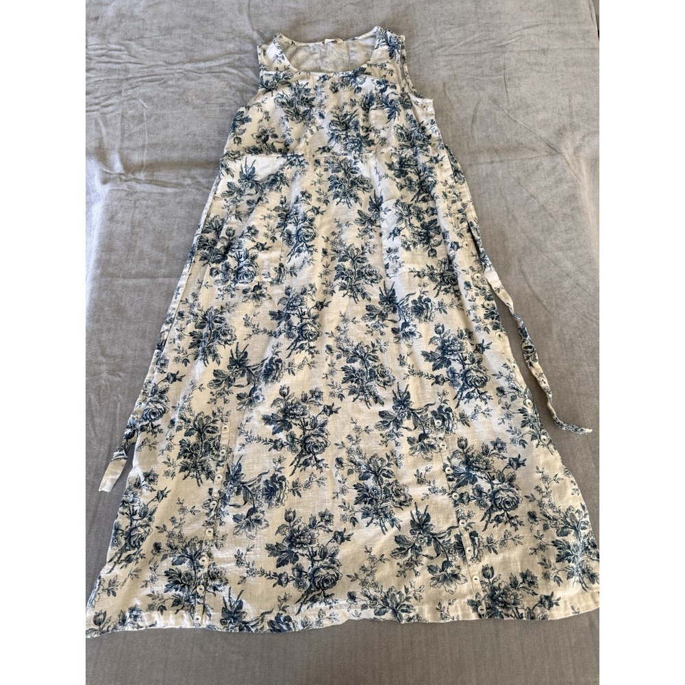 April Cornell XS Blue White Floral Cottagecore Sleeveless Button Tie Dress